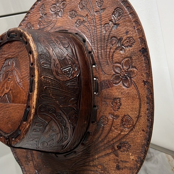 Vintage Leather Hand Tooled Hand Made Leather Western Gaucho Hat Sz 7 1/2 main image 12